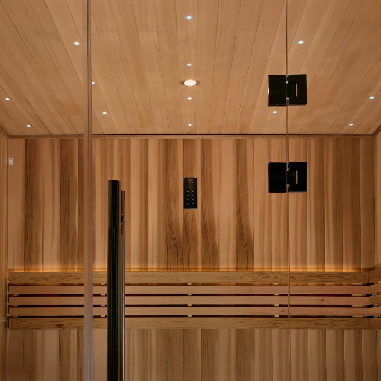 Golden Designs Copenhagen model traditional steam sauna built for indoor or outdoor covered use constructed from Canadian red cedar on the interior and pacific cedar on the exterior with a three person capacity