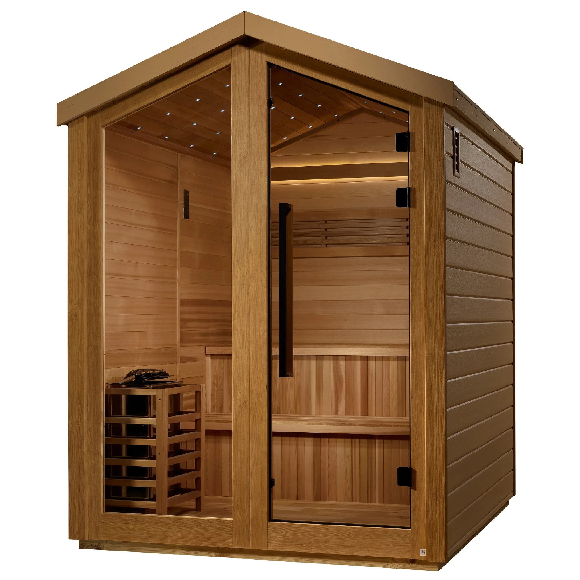 Golden Designs Kaarina model traditional steam sauna with star galaxy overhead lighting made from Canadian red cedar interior and an all weather composite exterior with a 6 person capacity built for outdoor use