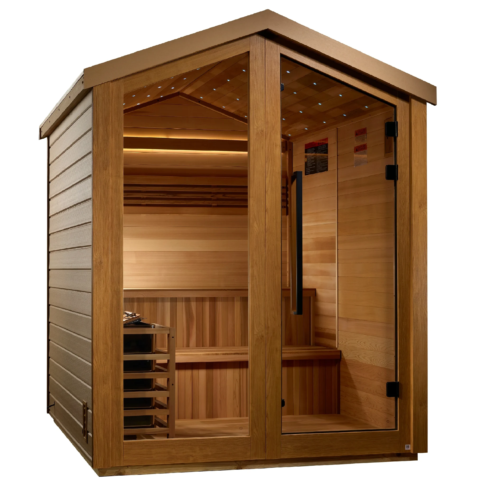 Golden Designs Kaarina model traditional steam sauna with star galaxy overhead lighting made from Canadian red cedar interior and an all weather composite exterior with a 6 person capacity built for outdoor use