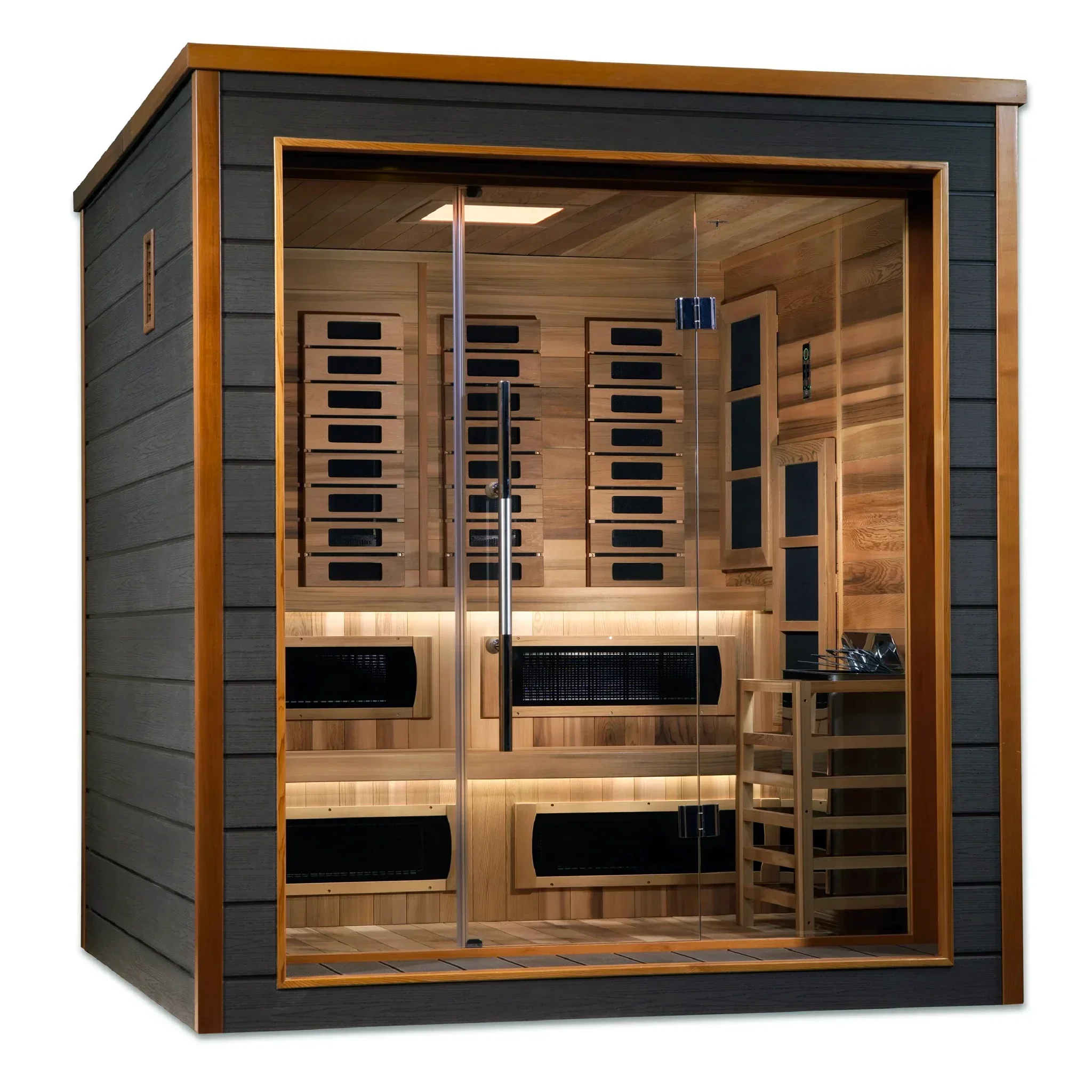 Karlstad model sauna with a hybrid full spectrum infrared tradition sauna design and a 3 person capacity made from Canadian red cedar on the interior and dark all weather composite on the exterior built for outdoor use