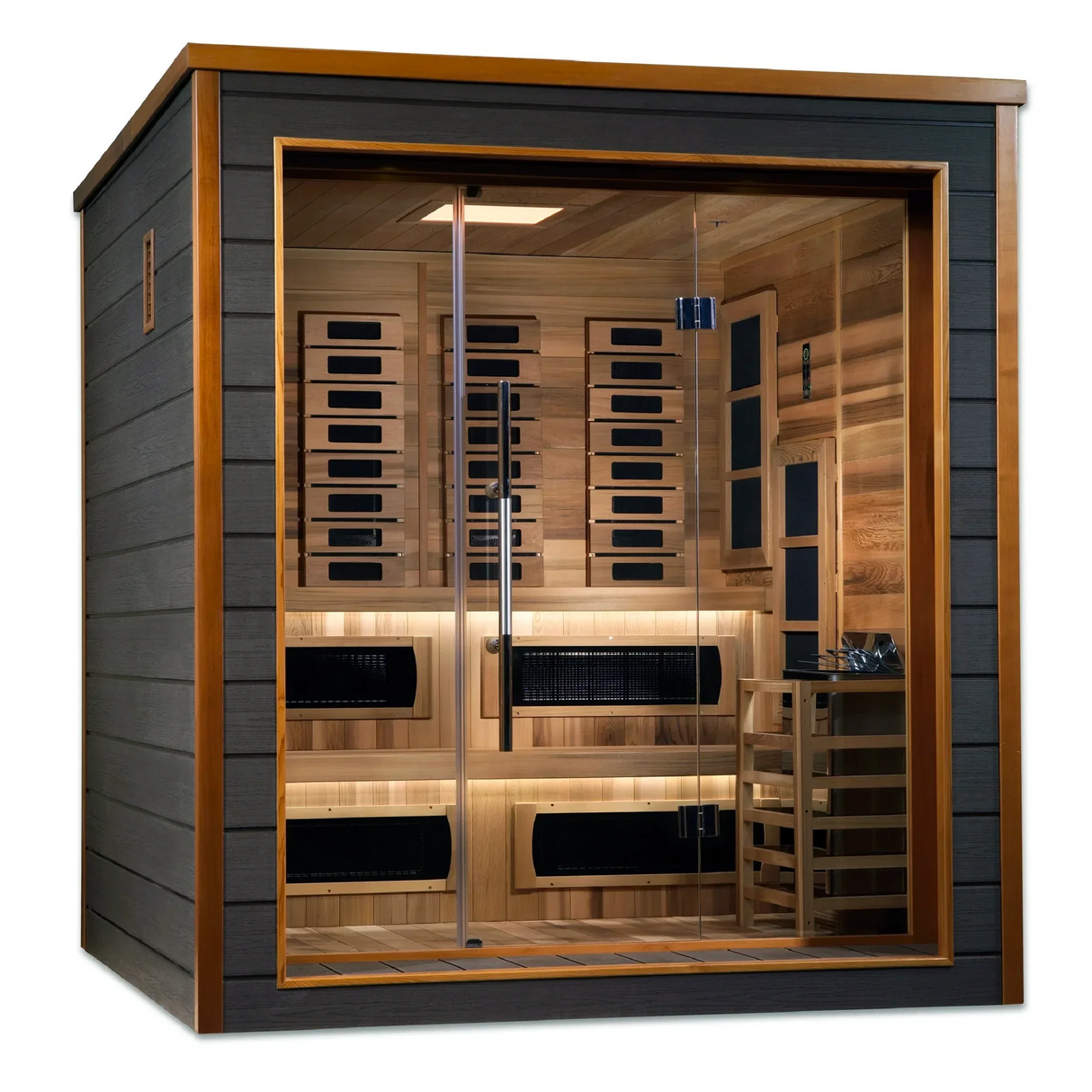 Karlstad model sauna with a hybrid full spectrum infrared tradition sauna design and a 3 person capacity made from Canadian red cedar on the interior and dark all weather composite on the exterior built for outdoor use