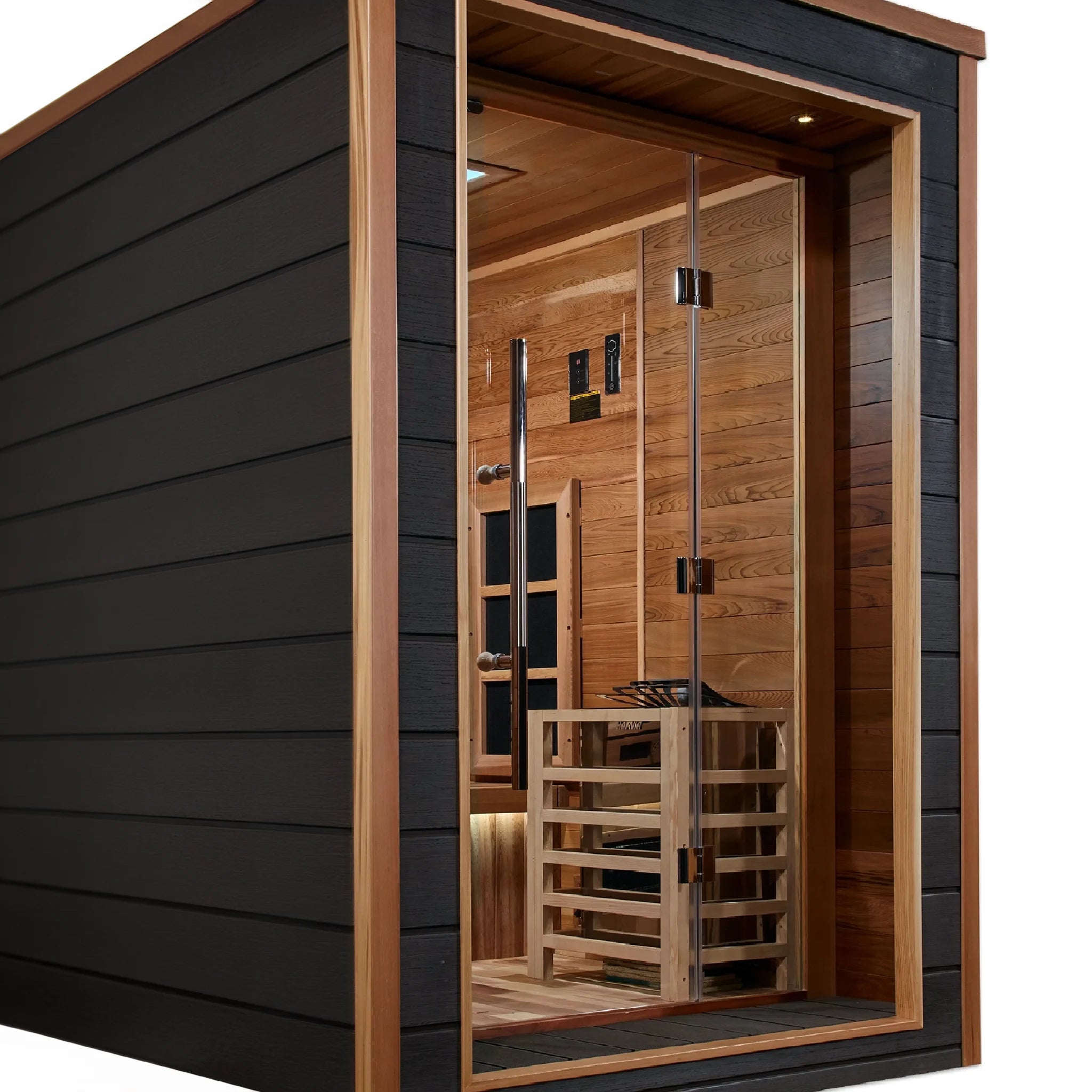 Karlstad model sauna with a hybrid full spectrum infrared tradition sauna design and a 3 person capacity made from Canadian red cedar on the interior and dark all weather composite on the exterior built for outdoor use