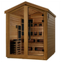 Golden Designs Kaskinen hybrid model sauna featuring full spectrum infrared and traditional steam technology with star galaxy overhead lighting made from Canadian red cedar interior and an all weather composite exterior with a 6 person capacity built for outdoor use