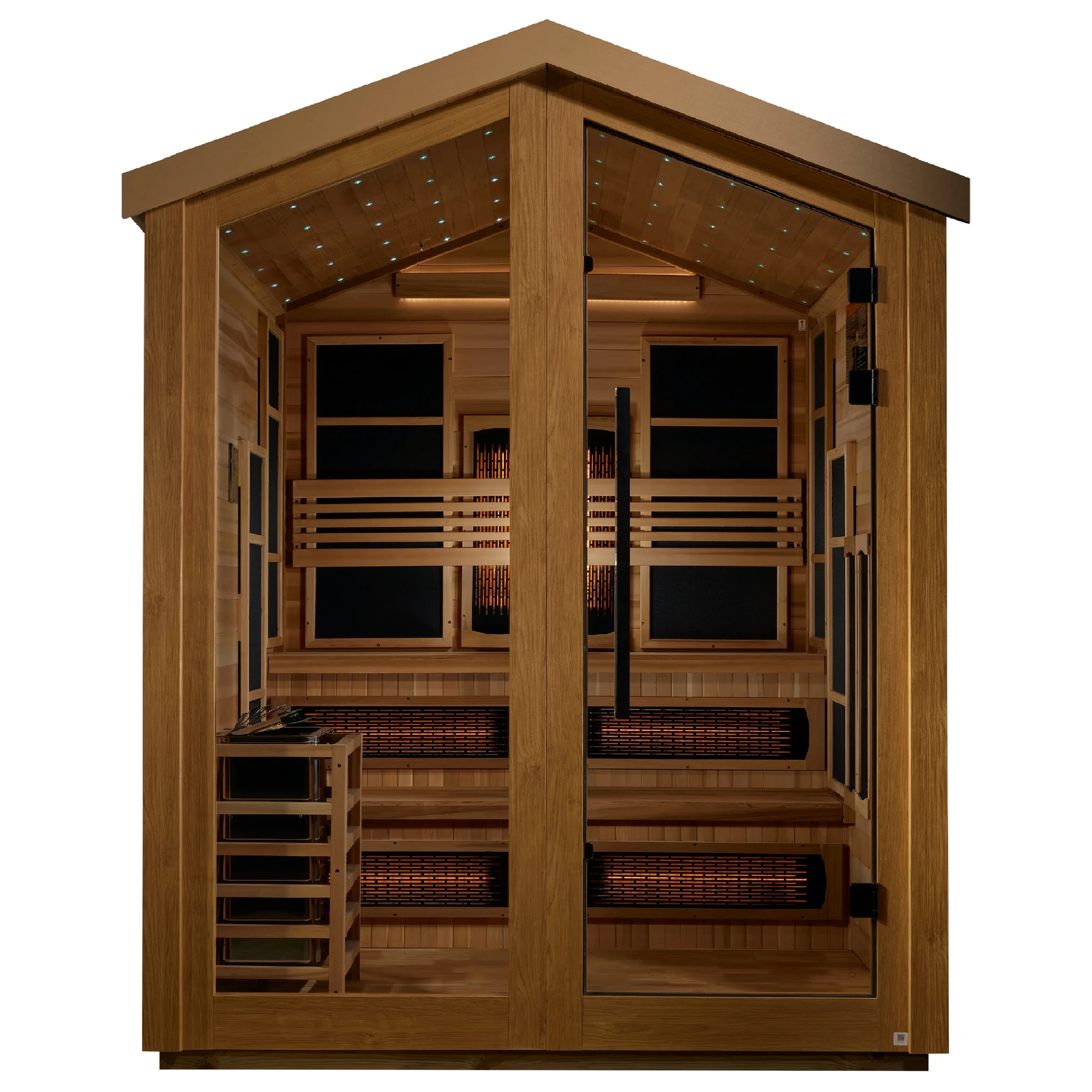 Golden Designs Kaskinen hybrid model sauna featuring full spectrum infrared and traditional steam technology with star galaxy overhead lighting made from Canadian red cedar interior and an all weather composite exterior with a 6 person capacity built for outdoor use