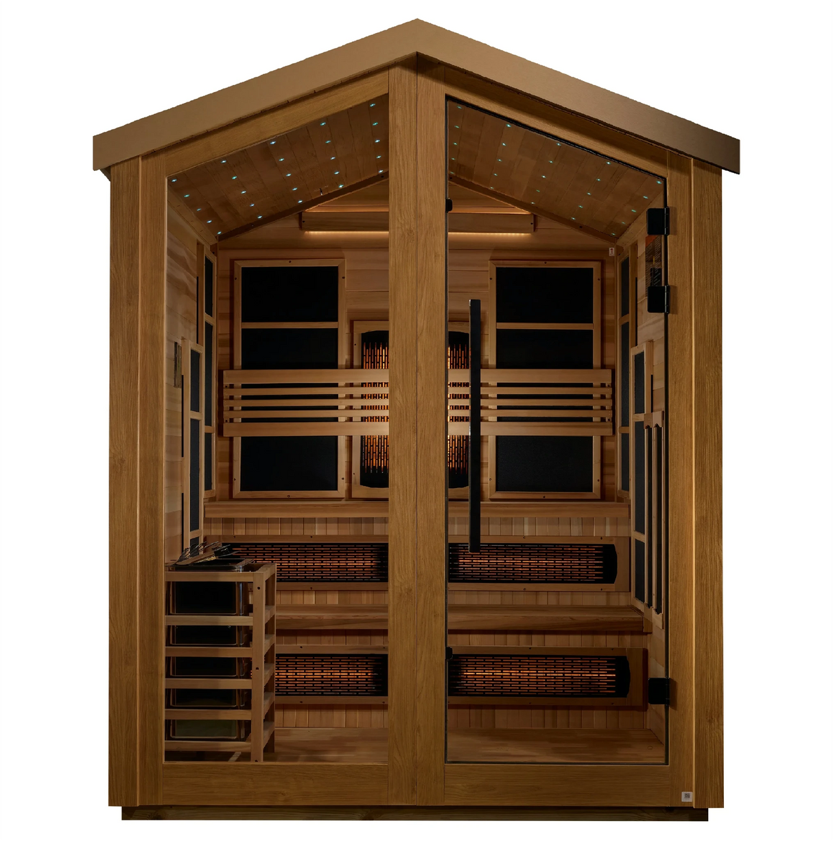 Golden Designs Kaskinen hybrid model sauna featuring full spectrum infrared and traditional steam technology with star galaxy overhead lighting made from Canadian red cedar interior and an all weather composite exterior with a 6 person capacity built for outdoor use