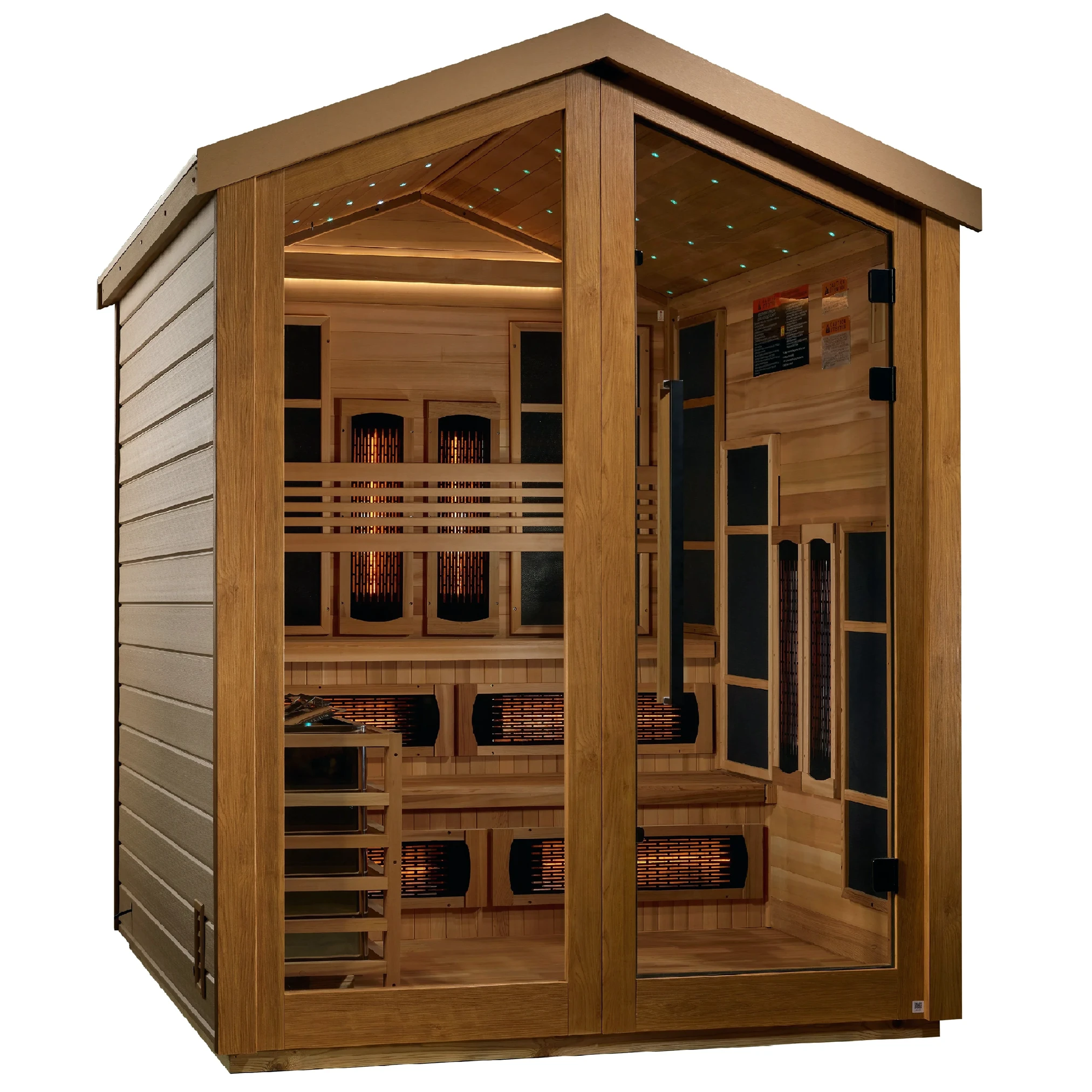 Golden Designs Kaskinen hybrid model sauna featuring full spectrum infrared and traditional steam technology with star galaxy overhead lighting made from Canadian red cedar interior and an all weather composite exterior with a 6 person capacity built for outdoor use