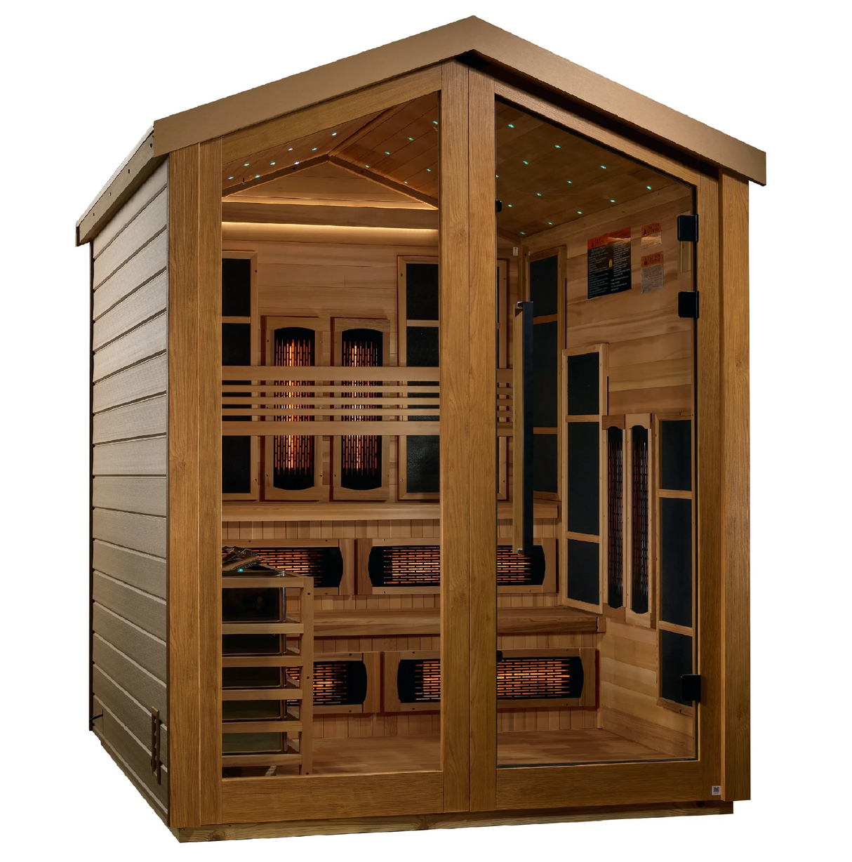 Golden Designs Kaskinen hybrid model sauna featuring full spectrum infrared and traditional steam technology with star galaxy overhead lighting made from Canadian red cedar interior and an all weather composite exterior with a 6 person capacity built for outdoor use