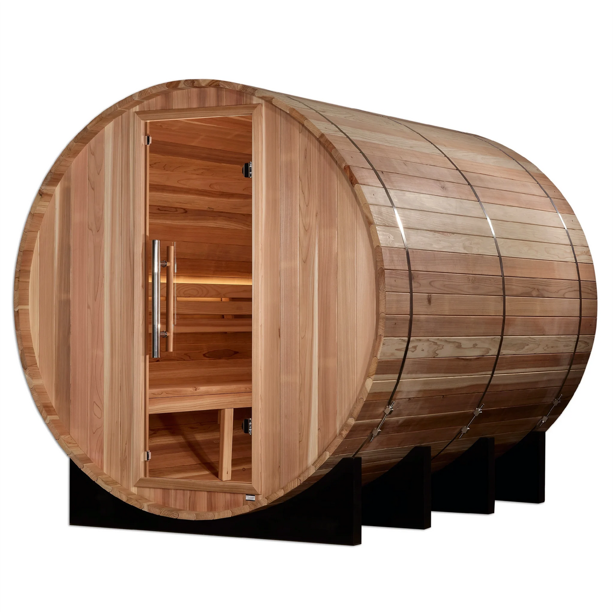Golden Designs Klosters model barrel shaped sauna with a 6 person capacity which is built for outside use