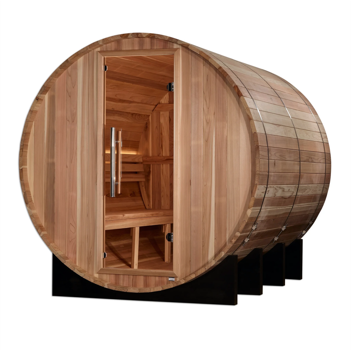 Golden Designs Klosters model barrel shaped sauna with a 6 person capacity which is built for outside use