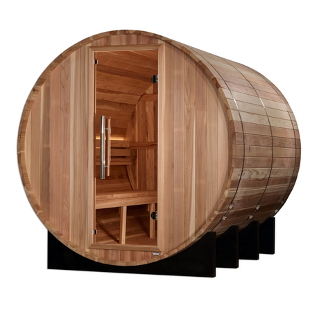 Golden Designs Klosters model barrel shaped sauna with a 6 person capacity which is built for outside use