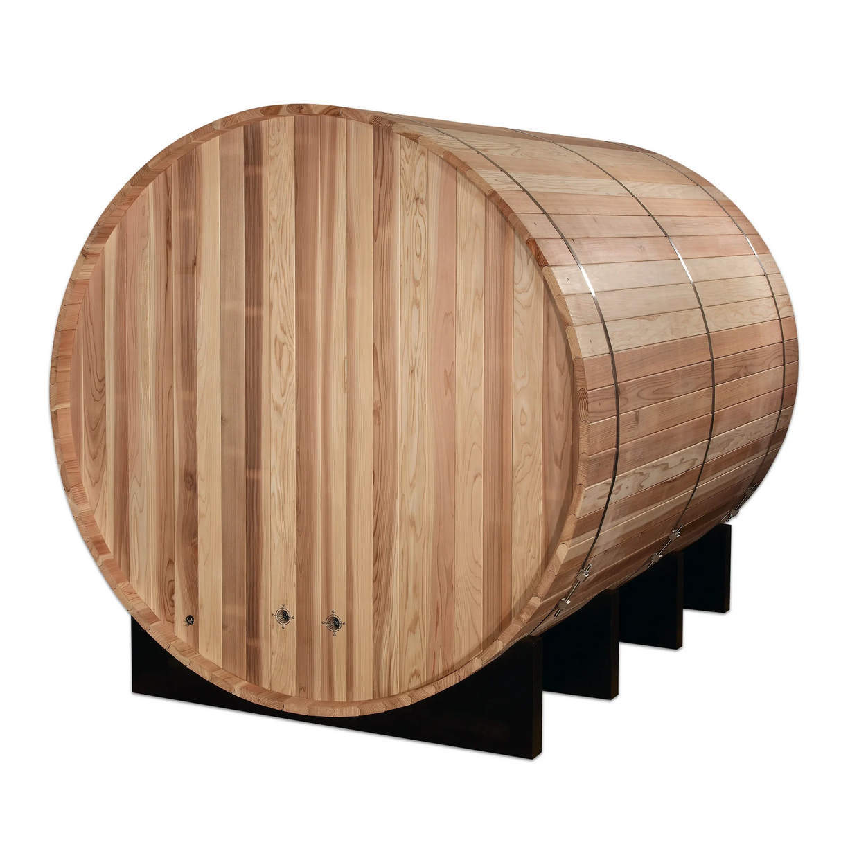 Golden Designs Klosters model barrel shaped sauna with a 6 person capacity which is built for outside use