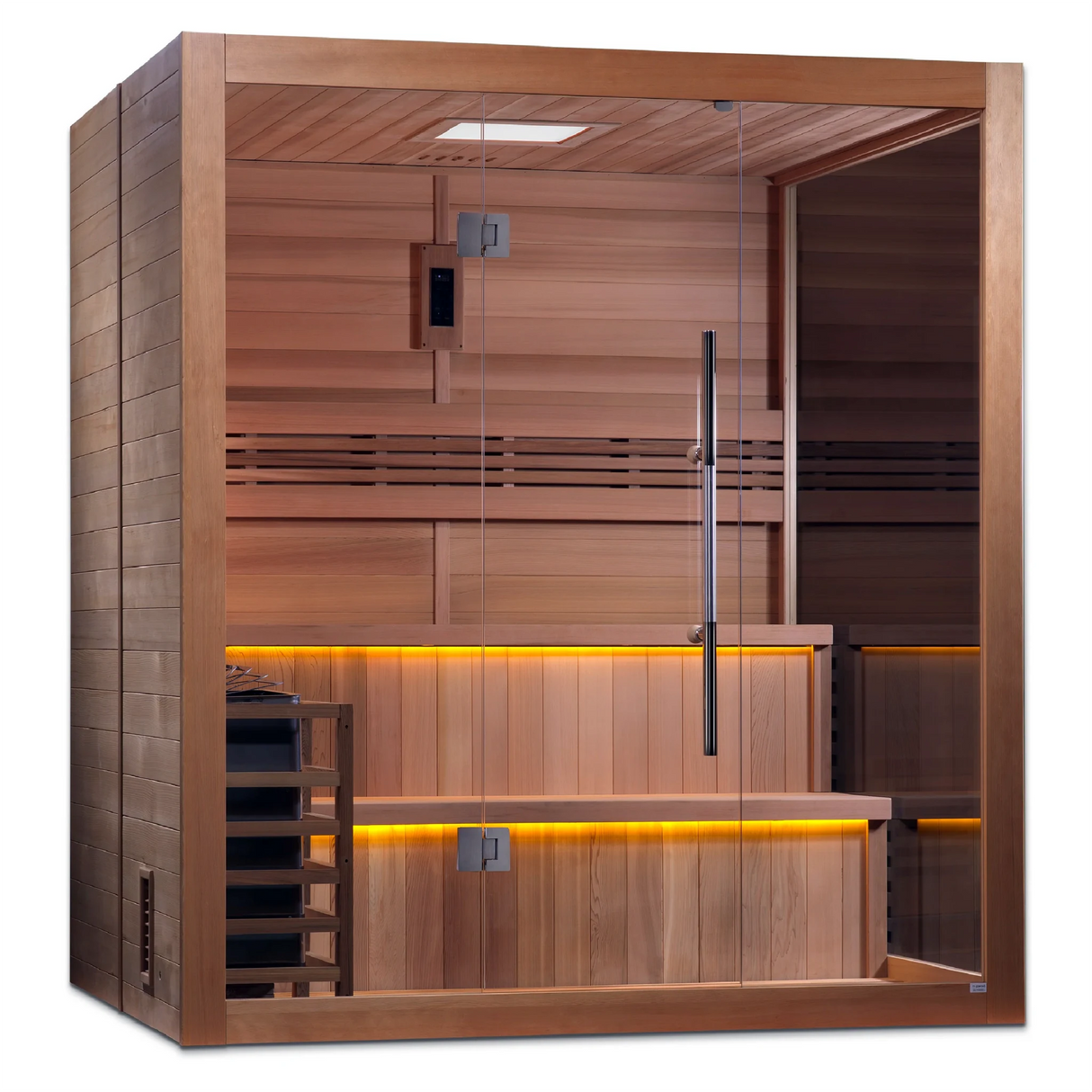Golden Designs Kuusamo model traditional steam sauna built for indoor or covered outdoor use constructed from Canadian red cedar on the inside and Canadian hemlock on the outside with a six person capacity