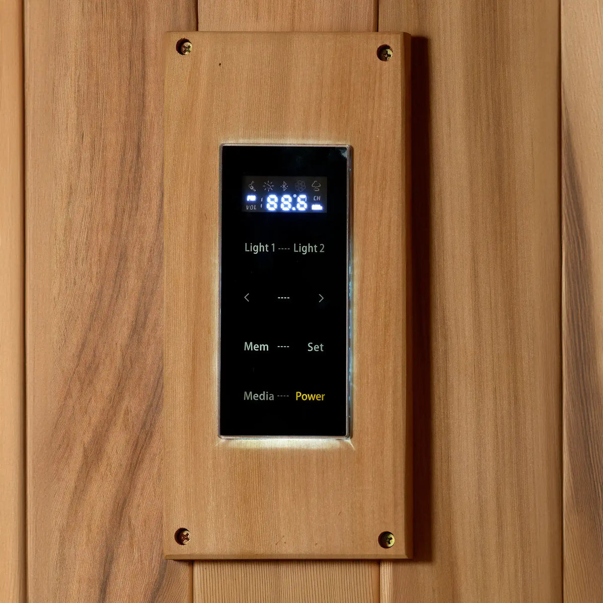 Canadian red cedar framed touchscreen control panel inside a wooden sauna
