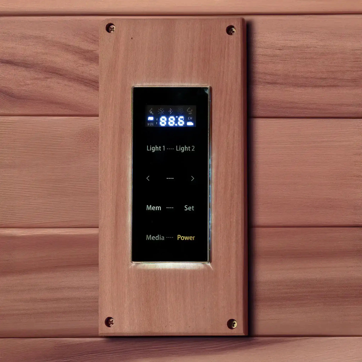 Touchscreen control panel found inside a Canadian red cedar sauna