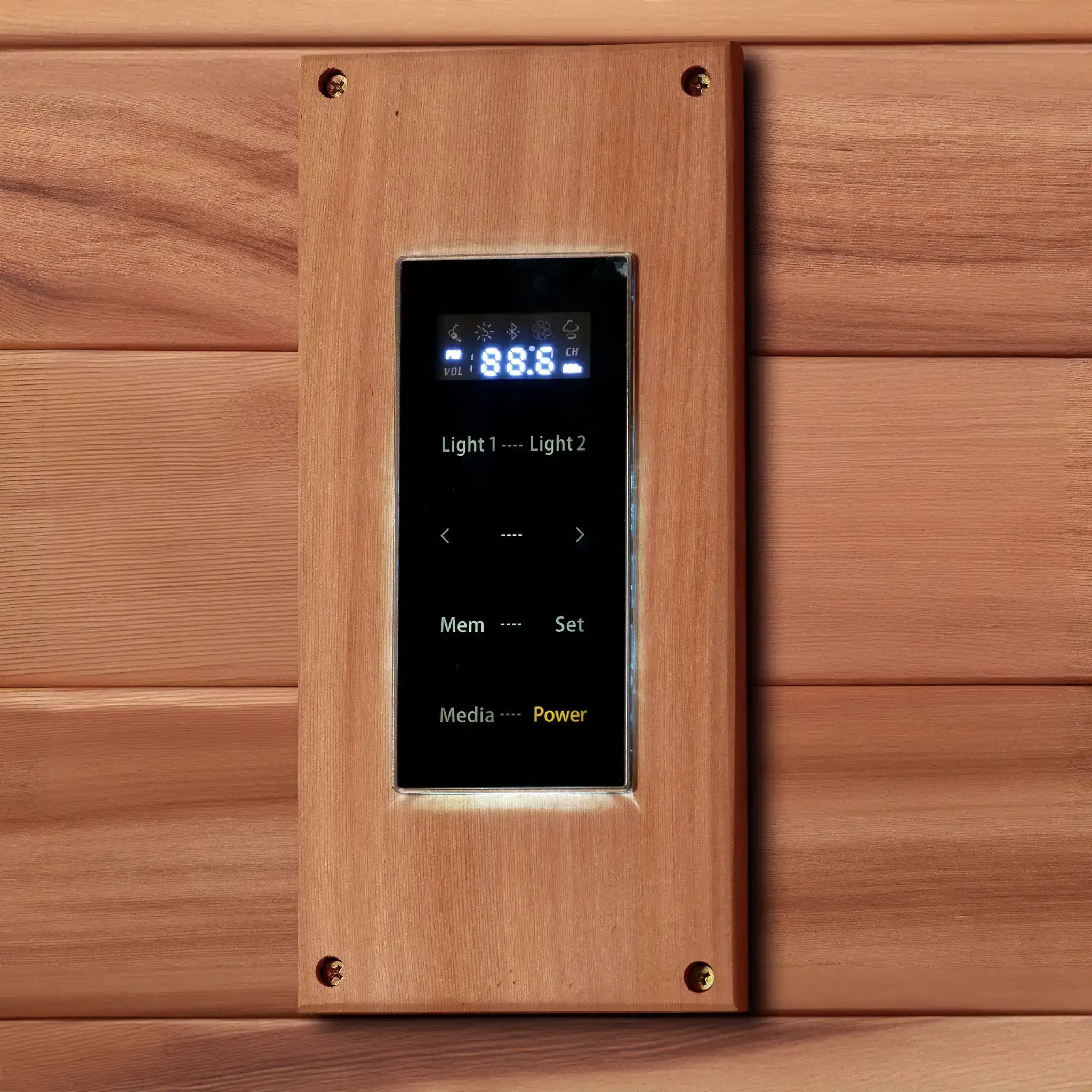 Touchscreen control panel found inside of a Canadian red cedar sauna