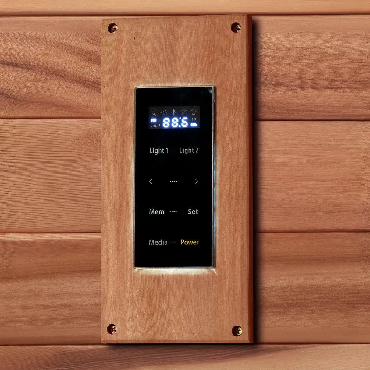 Touchscreen control panel found inside of a Canadian red cedar sauna