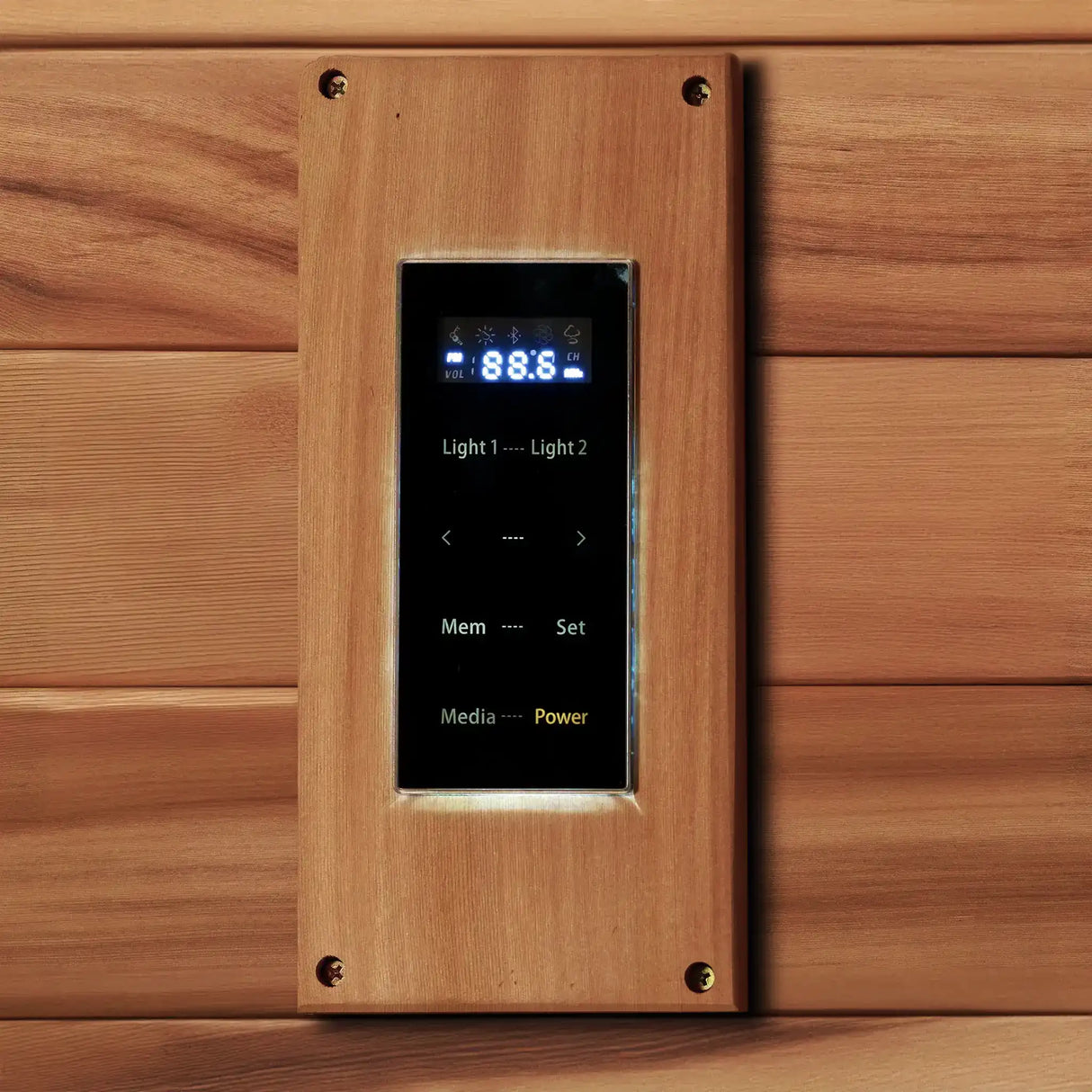 Touchscreen control panel with a Canadian red cedar frame found inside a sauna