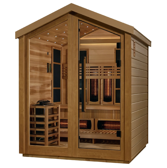 Golden Designs Loviisa hybrid model sauna featuring full spectrum infrared and traditional steam technology with star galaxy overhead lighting made from Canadian red cedar interior and an all weather composite exterior with a three person capacity built for outdoor use