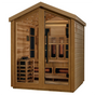 Golden Designs Loviisa hybrid model sauna featuring full spectrum infrared and traditional steam technology with star galaxy overhead lighting made from Canadian red cedar interior and an all weather composite exterior with a three person capacity built for outdoor use