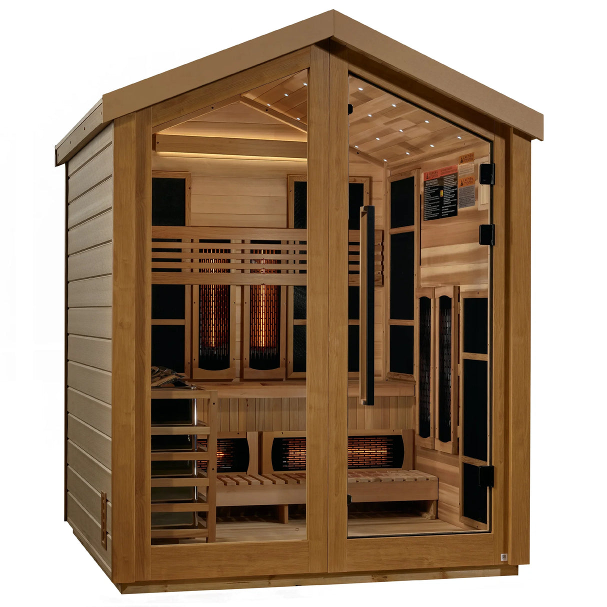 Golden Designs Loviisa hybrid model sauna featuring full spectrum infrared and traditional steam technology with star galaxy overhead lighting made from Canadian red cedar interior and an all weather composite exterior with a three person capacity built for outdoor use