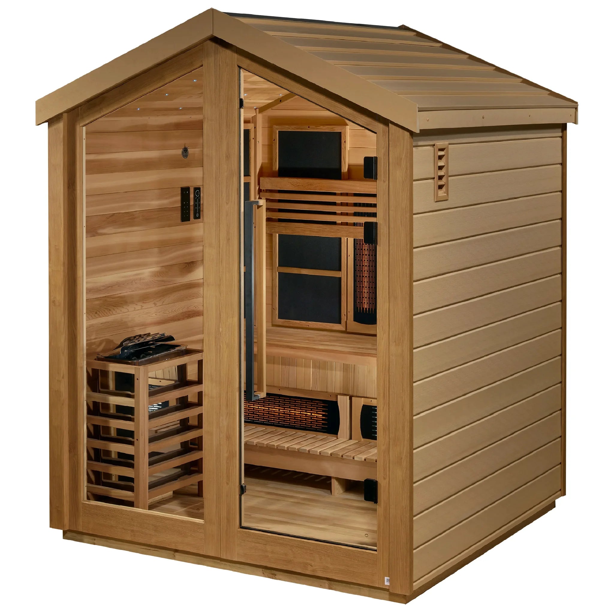 Golden Designs Loviisa hybrid model sauna featuring full spectrum infrared and traditional steam technology with star galaxy overhead lighting made from Canadian red cedar interior and an all weather composite exterior with a three person capacity built for outdoor use