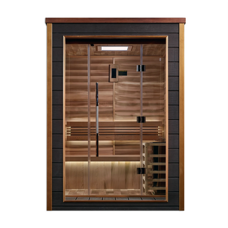 Narvik model sauna made by Golden Designs with a 3 person capacity made from Canadian red cedar on the interior and dark all weather composite on the exterior built for outdoor use
