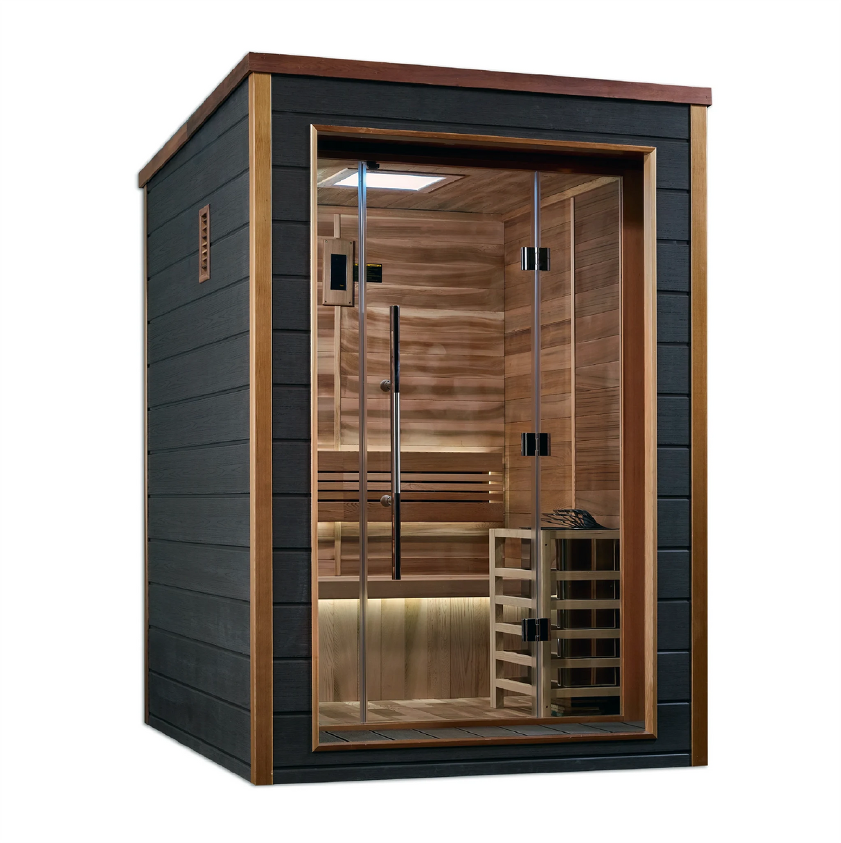 Narvik model sauna made by Golden Designs with a 3 person capacity made from Canadian red cedar on the interior and dark all weather composite on the exterior built for outdoor use