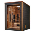 Nora model hybrid full spectrum infrared traditional steam sauna made by Golden Designs with a 3 person capacity which is constructed from Canadian red cedar on the interior and dark all weather composite on the exterior and is built for outdoor use