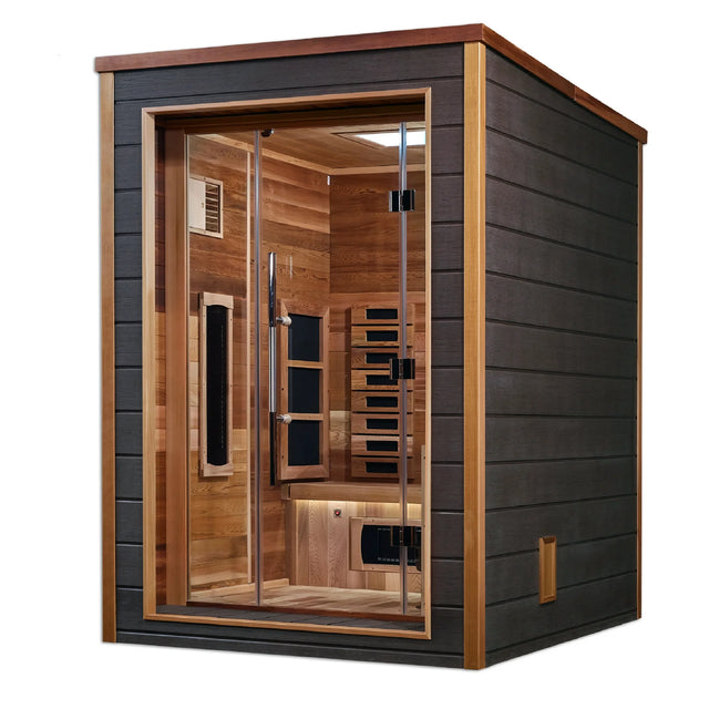 Nora model hybrid full spectrum infrared traditional steam sauna made by Golden Designs with a 3 person capacity which is constructed from Canadian red cedar on the interior and dark all weather composite on the exterior and is built for outdoor use