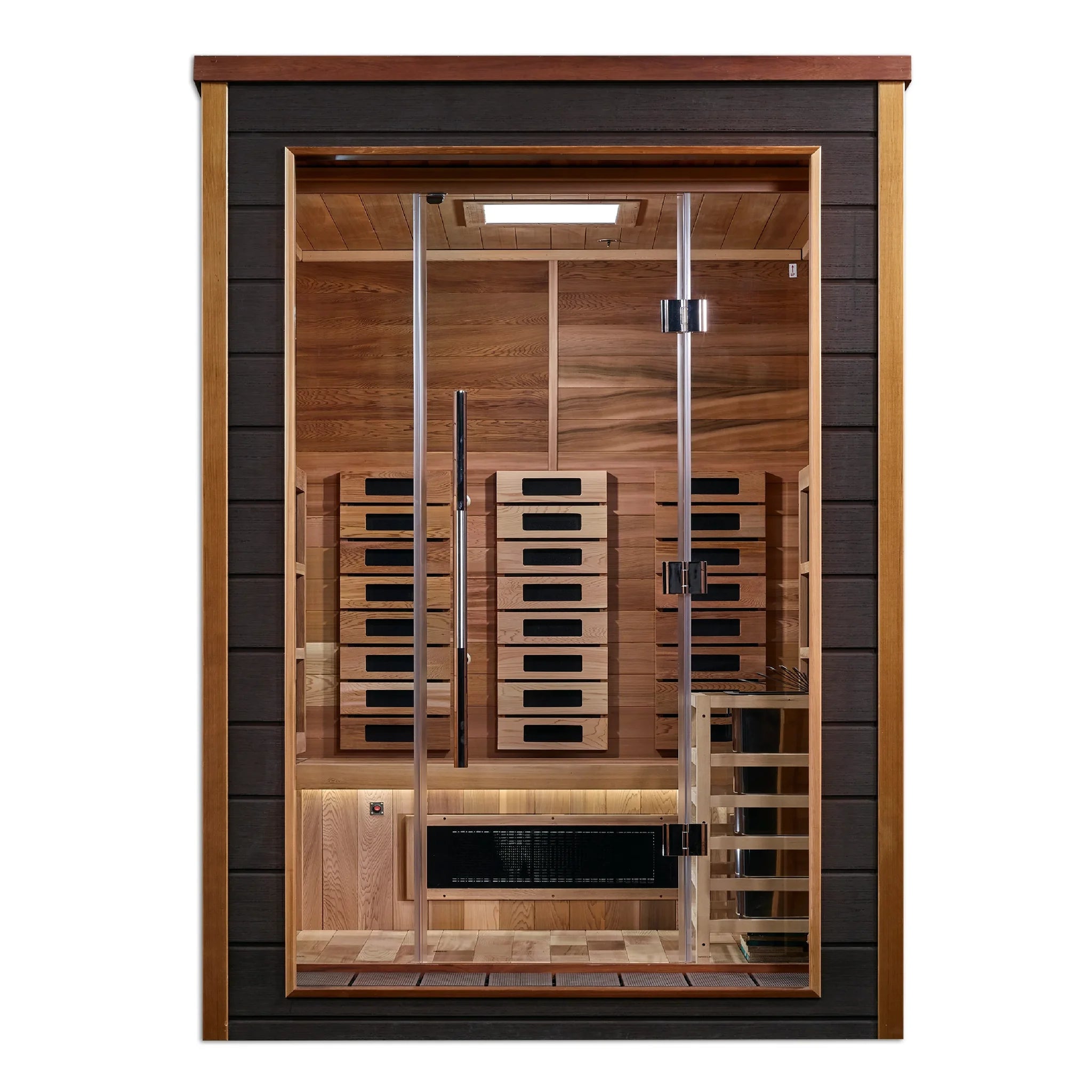 Nora model hybrid full spectrum infrared traditional steam sauna made by Golden Designs with a 3 person capacity which is constructed from Canadian red cedar on the interior and dark all weather composite on the exterior and is built for outdoor use