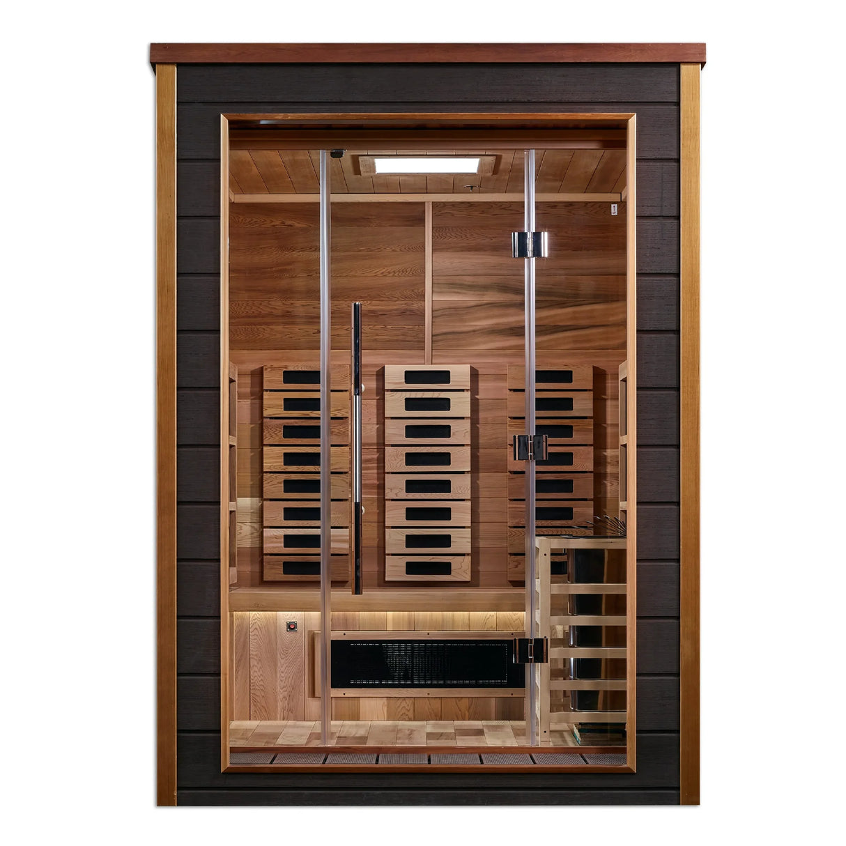 Nora model hybrid full spectrum infrared traditional steam sauna made by Golden Designs with a 3 person capacity which is constructed from Canadian red cedar on the interior and dark all weather composite on the exterior and is built for outdoor use