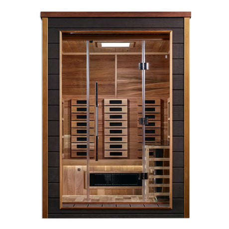 Nora model hybrid full spectrum infrared traditional steam sauna made by Golden Designs with a 3 person capacity which is constructed from Canadian red cedar on the interior and dark all weather composite on the exterior and is built for outdoor use