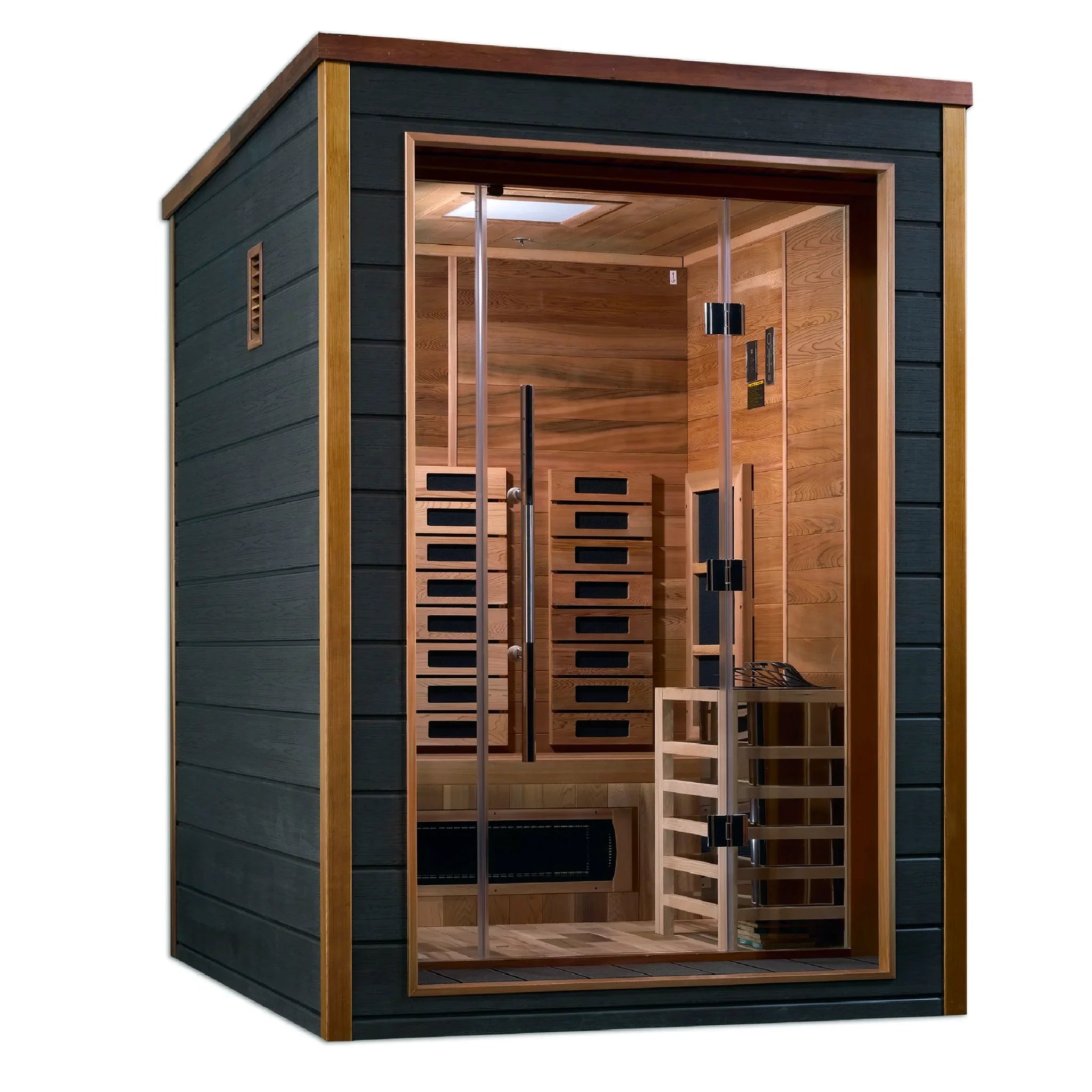 Nora model hybrid full spectrum infrared traditional steam sauna made by Golden Designs with a 3 person capacity which is constructed from Canadian red cedar on the interior and dark all weather composite on the exterior and is built for outdoor use