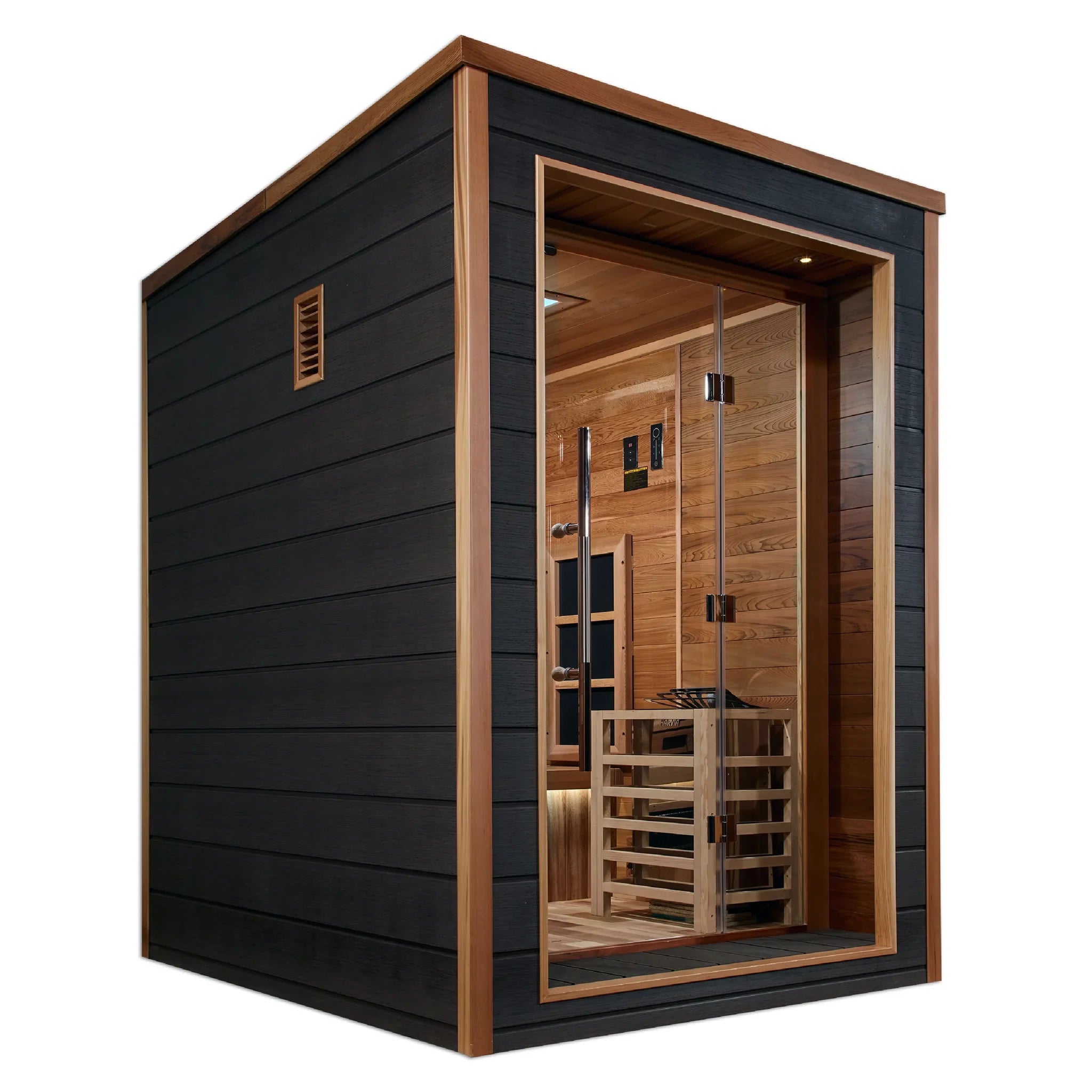 Nora model hybrid full spectrum infrared traditional steam sauna made by Golden Designs with a 3 person capacity which is constructed from Canadian red cedar on the interior and dark all weather composite on the exterior and is built for outdoor use