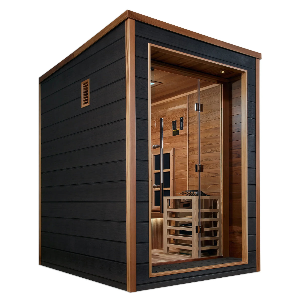 Nora model hybrid full spectrum infrared traditional steam sauna made by Golden Designs with a 3 person capacity which is constructed from Canadian red cedar on the interior and dark all weather composite on the exterior and is built for outdoor use
