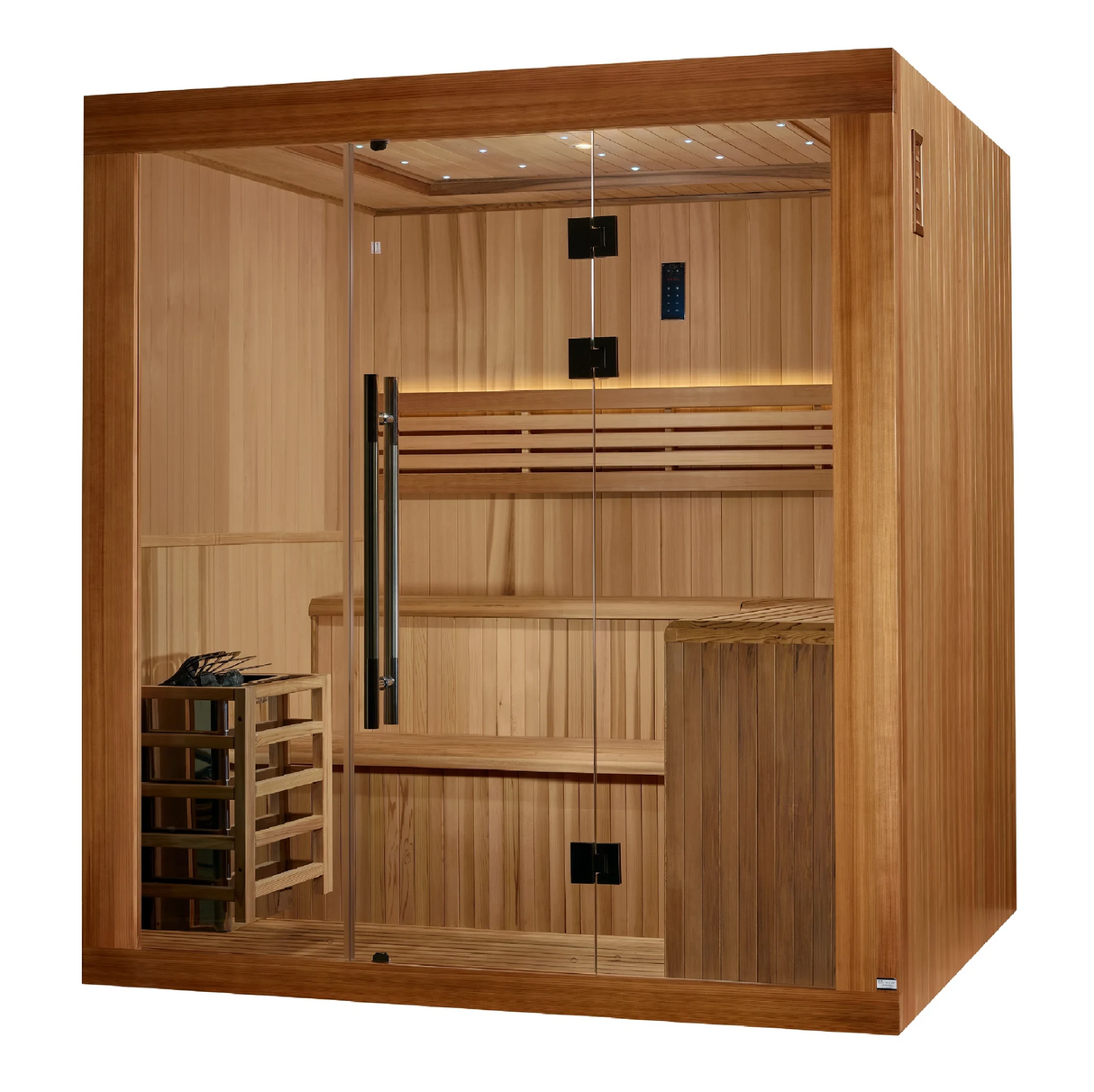 Golden Designs Osla model traditional steam sauna built for indoor or covered outdoor use constructed from Canadian red cedar on the inside and pacific cedar on the outside with a six person capacity