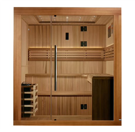 Golden Designs Osla model traditional steam sauna built for indoor or covered outdoor use constructed from Canadian red cedar on the inside and pacific cedar on the outside with a six person capacity