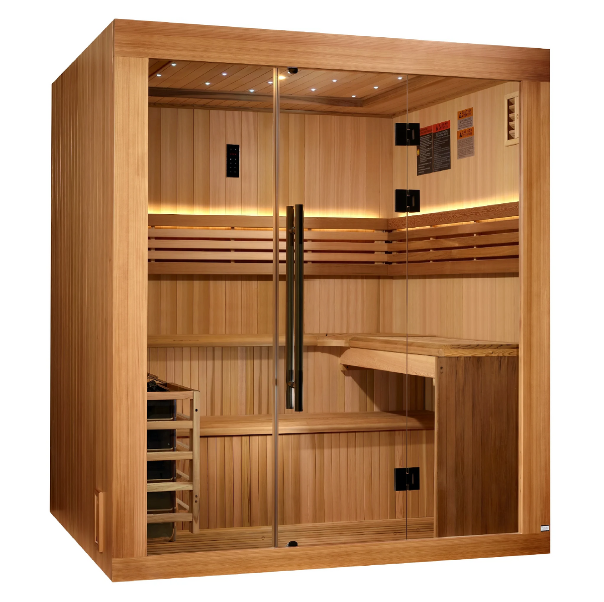 Golden Designs Osla model traditional steam sauna built for indoor or covered outdoor use constructed from Canadian red cedar on the inside and pacific cedar on the outside with a six person capacity