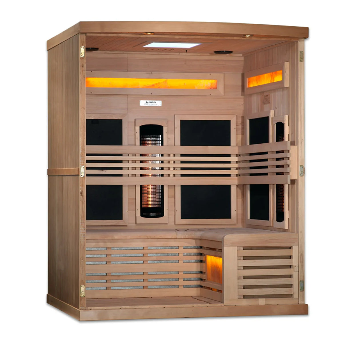 Wooden 3 person infrared sauna with the front wall and door removed