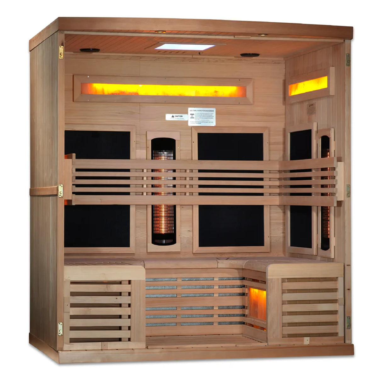 Wooden 6 person infrared sauna with the front wall and door removed