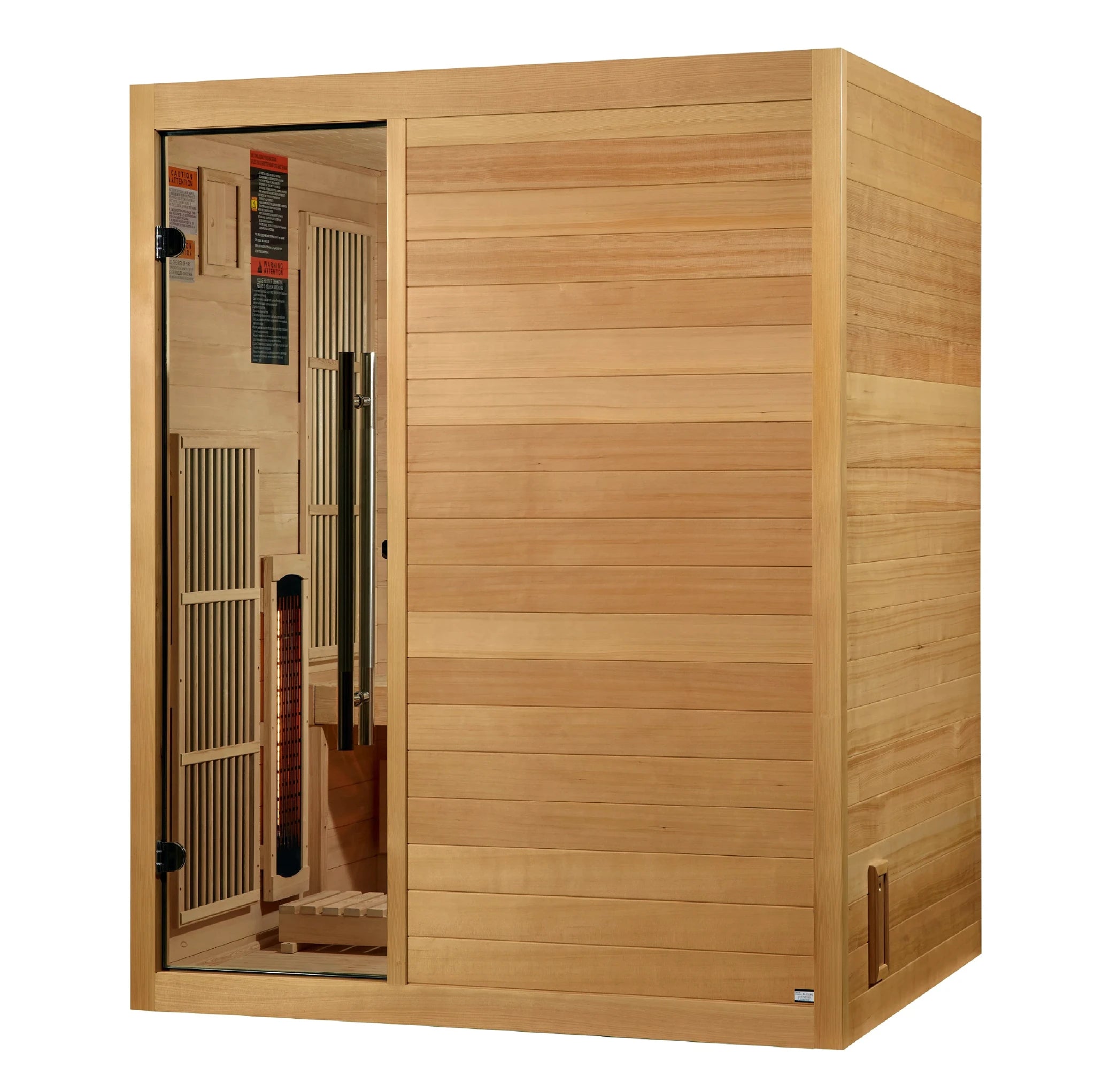 Golden Designs Soria hybrid model sauna featuring both full spectrum infrared and traditional steam technology with a three person capacity constructed from Canadian hemlock wood