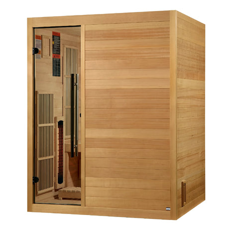 Golden Designs Soria hybrid model sauna featuring both full spectrum infrared and traditional steam technology with a three person capacity constructed from Canadian hemlock wood