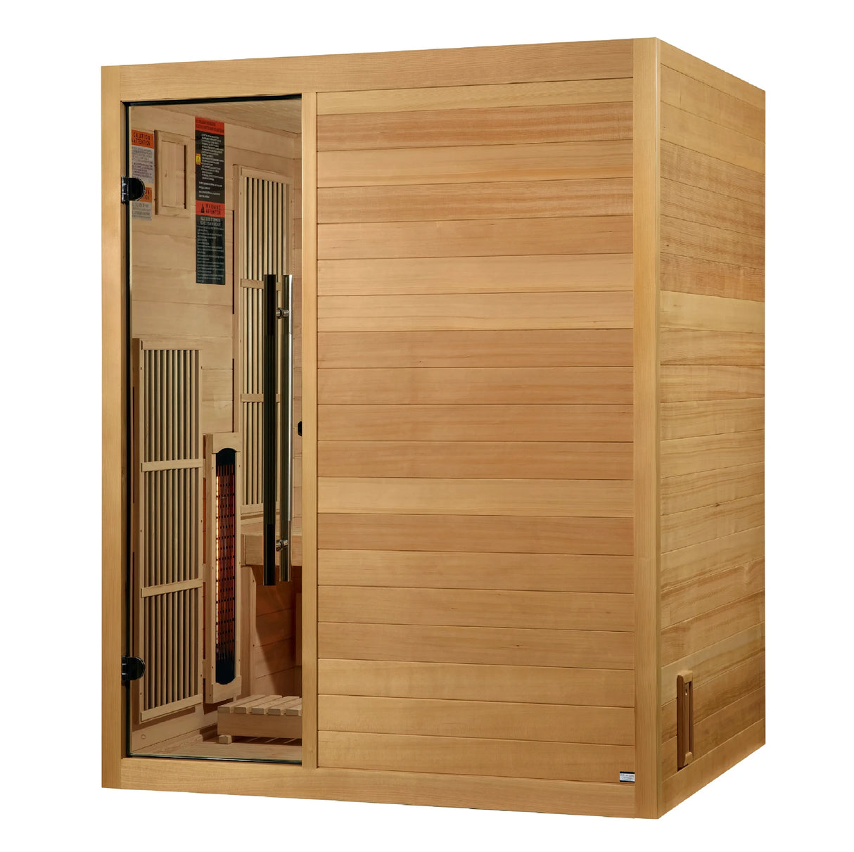 Golden Designs Soria hybrid model sauna featuring both full spectrum infrared and traditional steam technology with a three person capacity constructed from Canadian hemlock wood