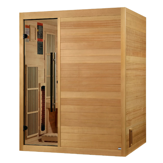 Golden Designs Soria hybrid model sauna featuring both full spectrum infrared and traditional steam technology with a three person capacity constructed from Canadian hemlock wood