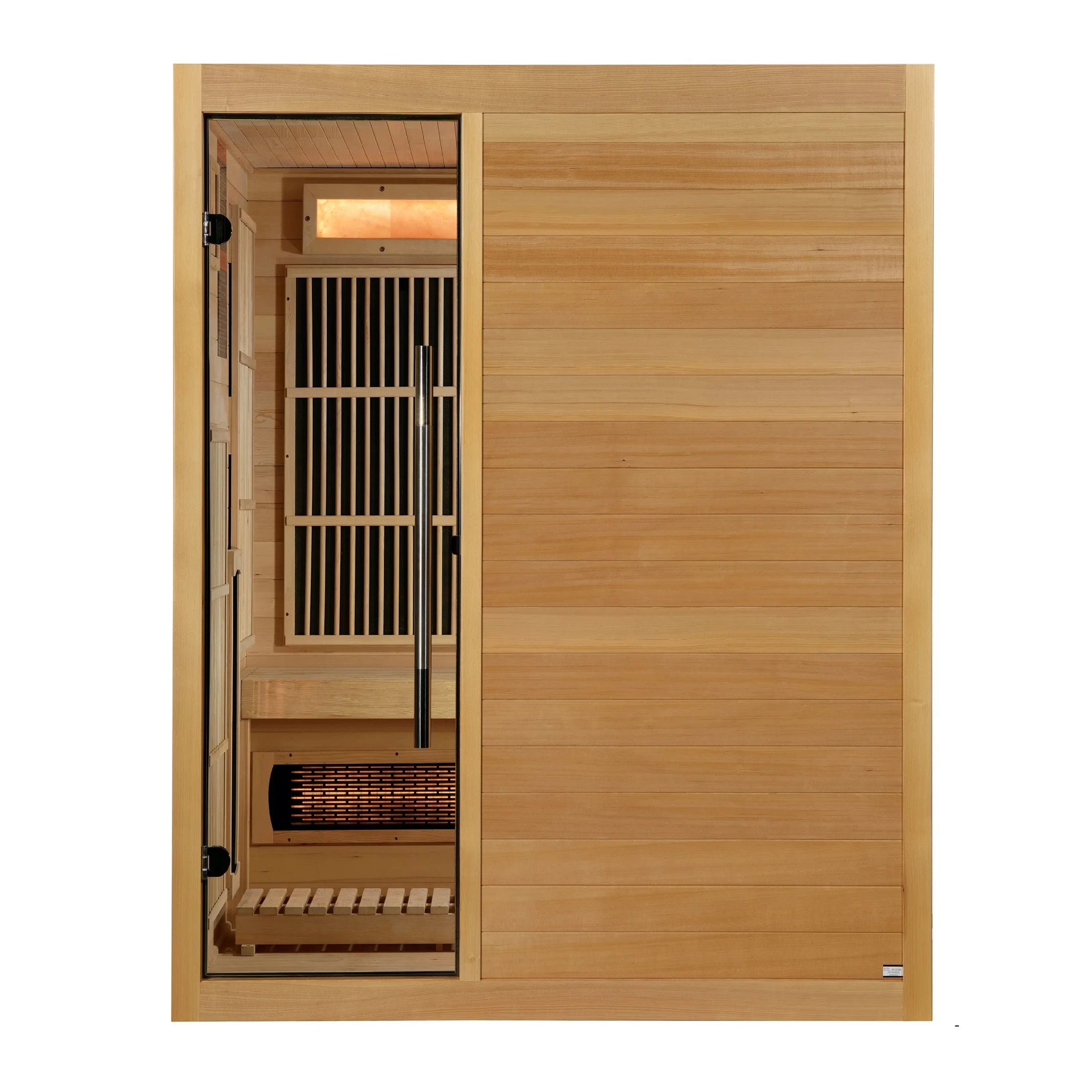 Golden Designs Soria hybrid model sauna featuring both full spectrum infrared and traditional steam technology with a three person capacity constructed from Canadian hemlock wood