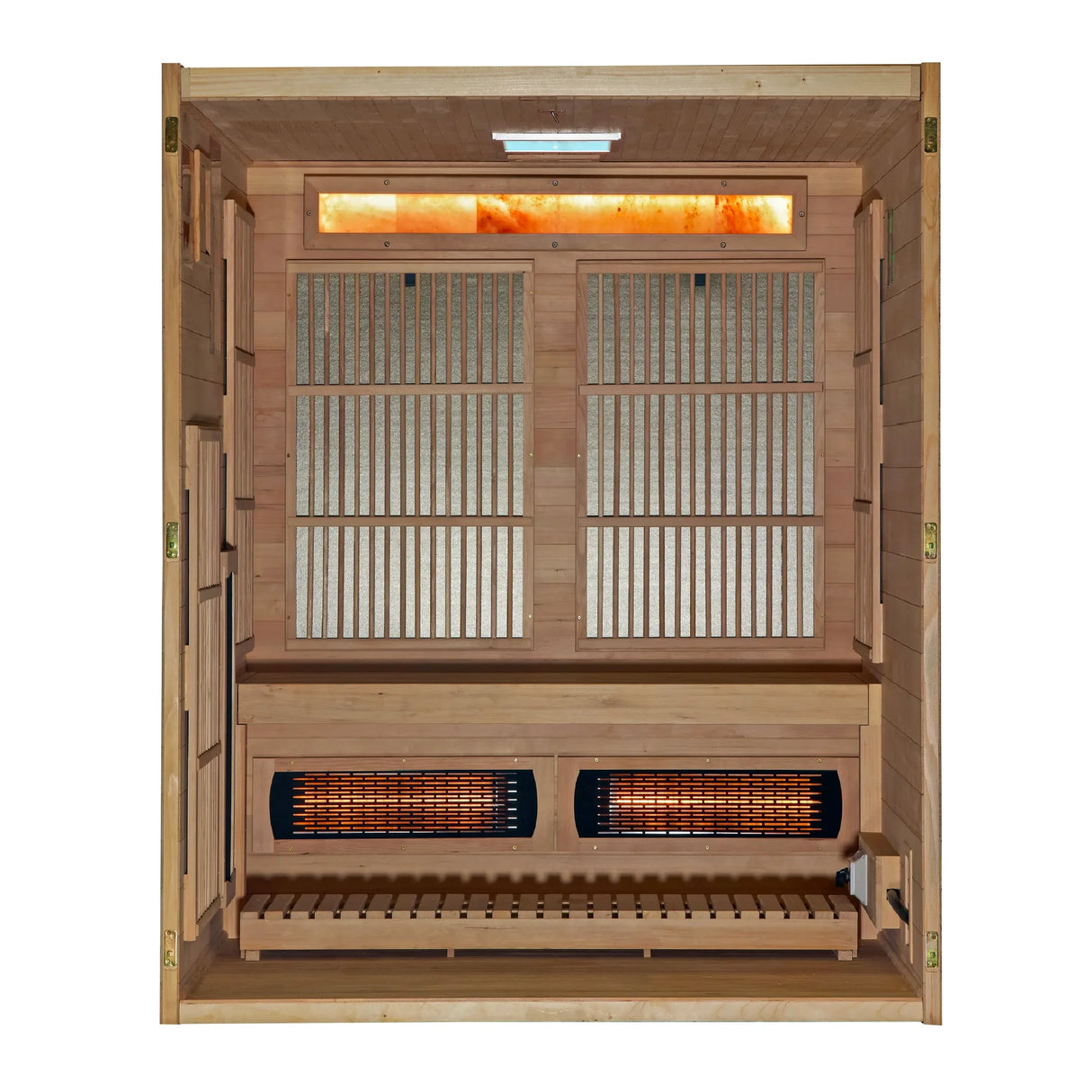 Golden Designs Soria hybrid model sauna featuring both full spectrum infrared and traditional steam technology with a three person capacity constructed from Canadian hemlock wood