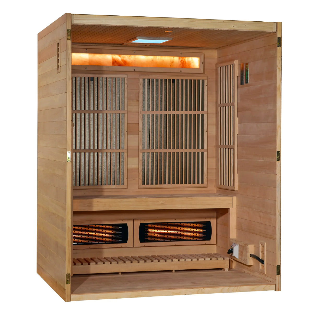 Golden Designs Soria hybrid model sauna featuring both full spectrum infrared and traditional steam technology with a three person capacity constructed from Canadian hemlock wood