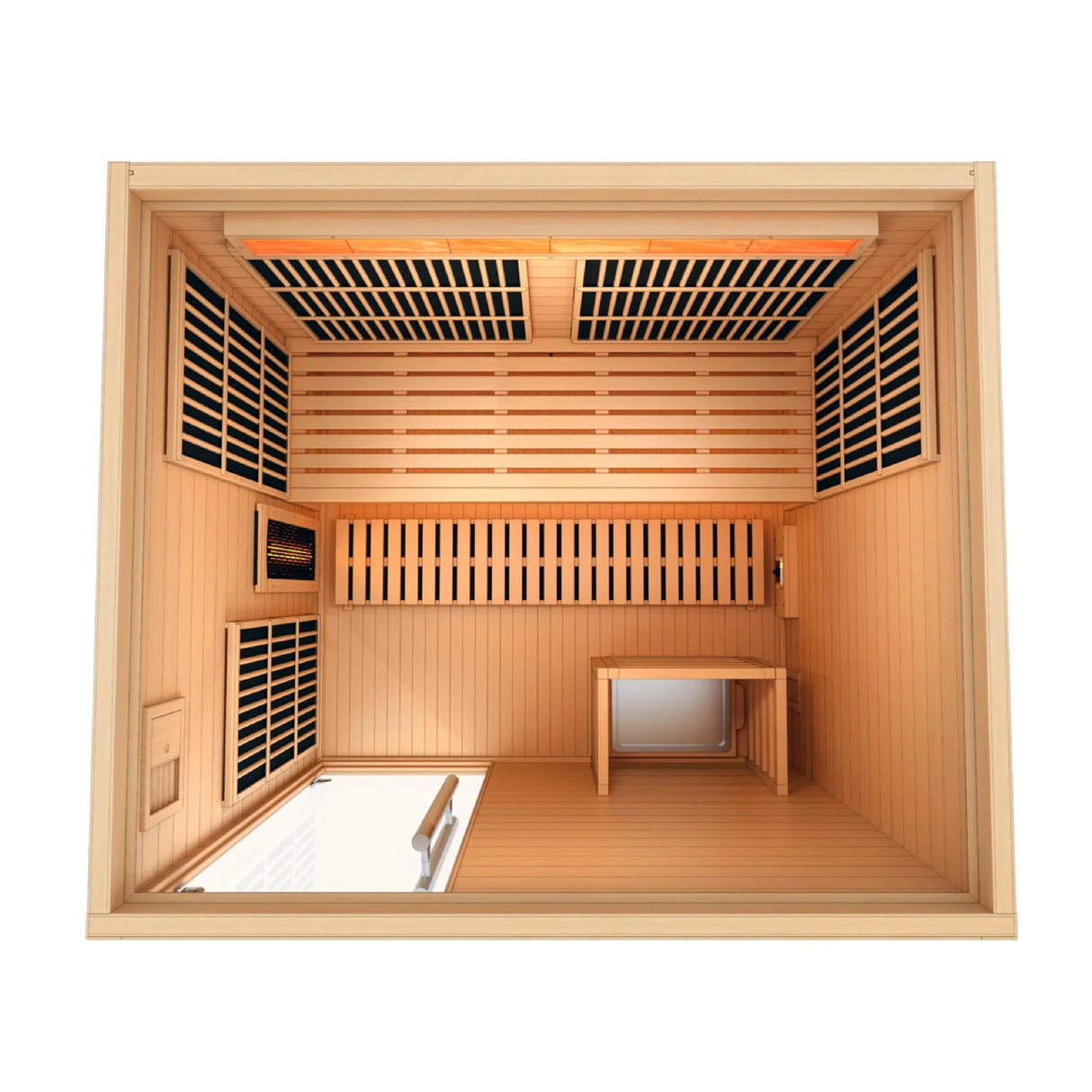 Golden Designs Soria hybrid model sauna featuring both full spectrum infrared and traditional steam technology with a three person capacity constructed from Canadian hemlock wood