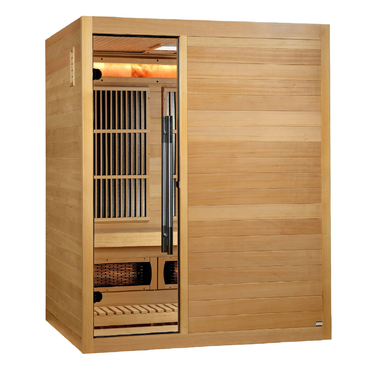Golden Designs Soria hybrid model sauna featuring both full spectrum infrared and traditional steam technology with a three person capacity constructed from Canadian hemlock wood