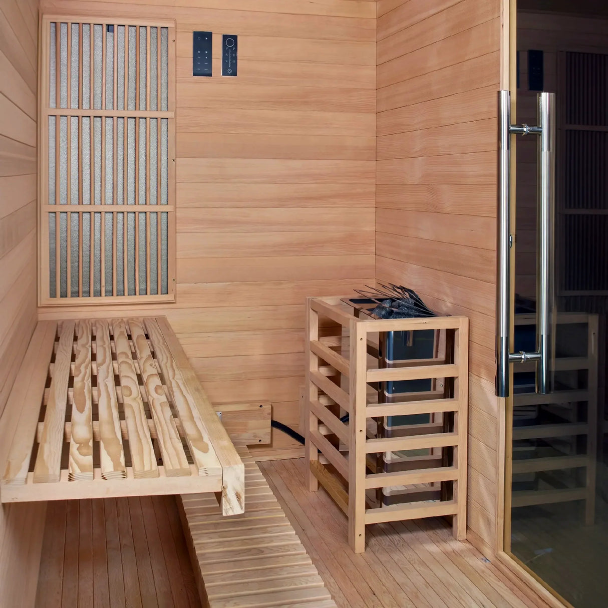 Golden Designs Soria hybrid model sauna featuring both full spectrum infrared and traditional steam technology with a three person capacity constructed from Canadian hemlock wood